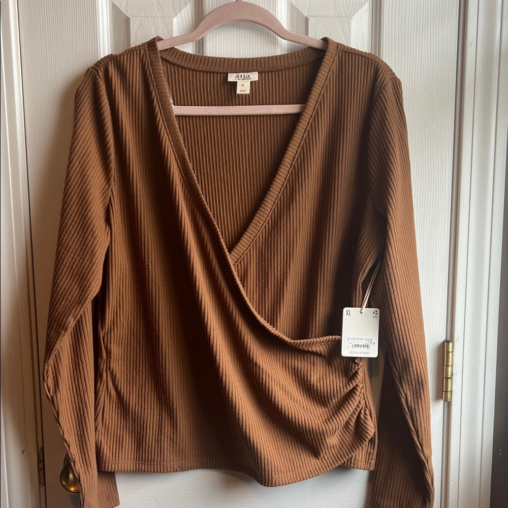 a.n.a Deep Brown Ribbed Wrap Blouse